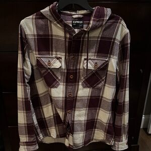 Express Men's Maroon and Cream Checkered Shirt Jacket